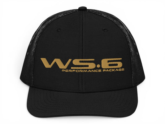 T-Top Vibes black trucker hat with gold embroidered WS.6 Performance Package logo and breathable mesh back