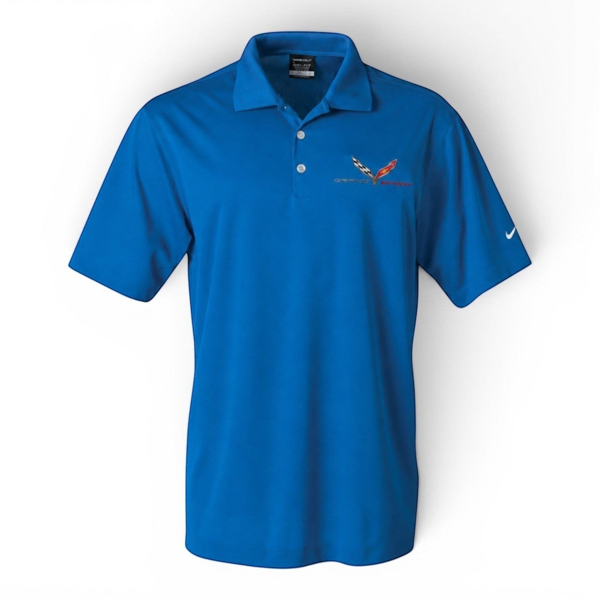 T-Top Vibes blue Nike Dri-FIT polo shirt featuring embroidered C7 Corvette Grand Sport logo and Nike Swoosh
