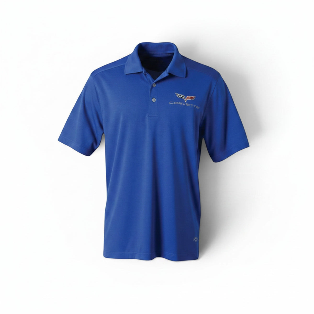 T-Top Vibes blue Callaway performance polo featuring an embroidered C6 Corvette emblem and moisture-wicking fabric.