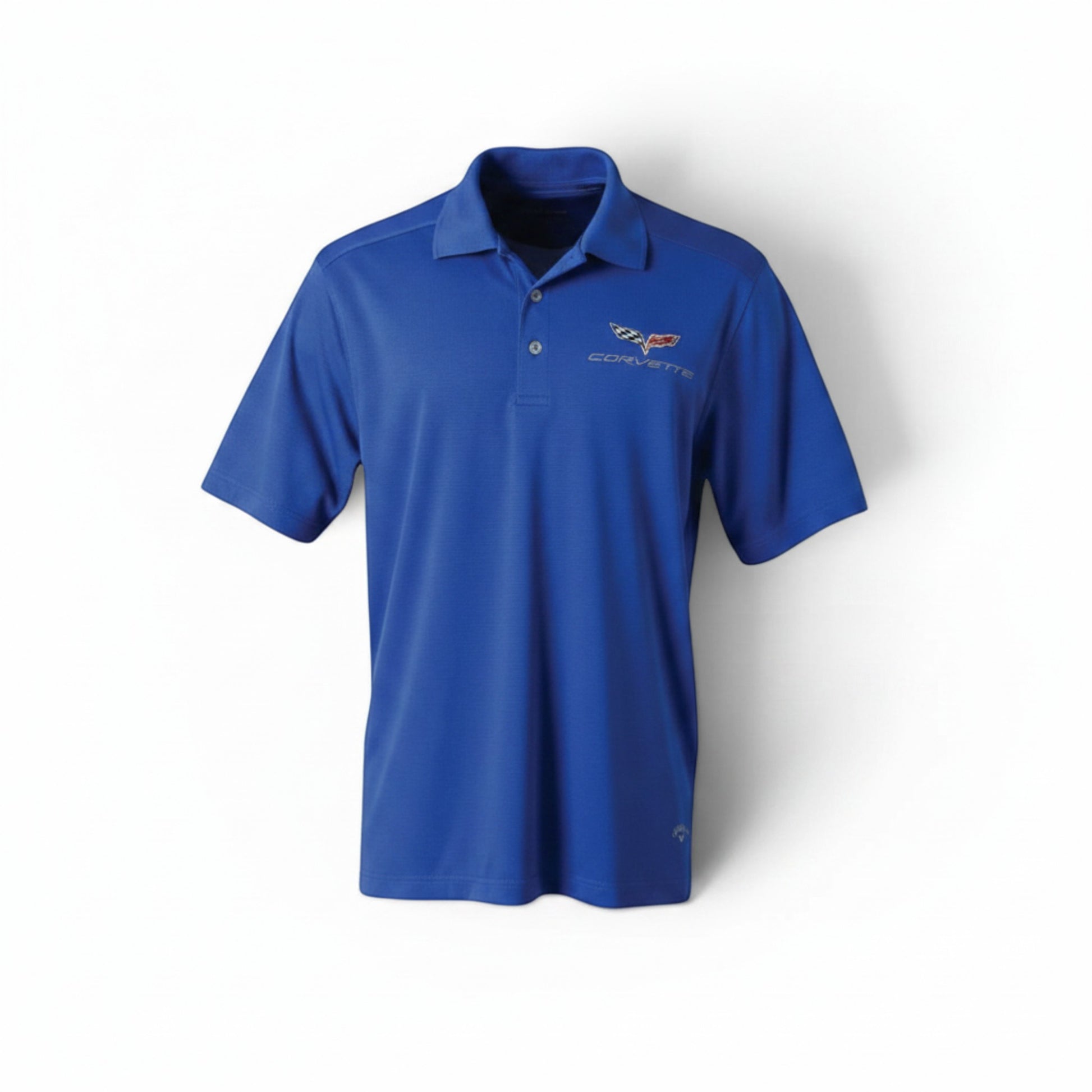 T-Top Vibes blue Callaway performance polo featuring an embroidered C6 Corvette emblem and moisture-wicking fabric.