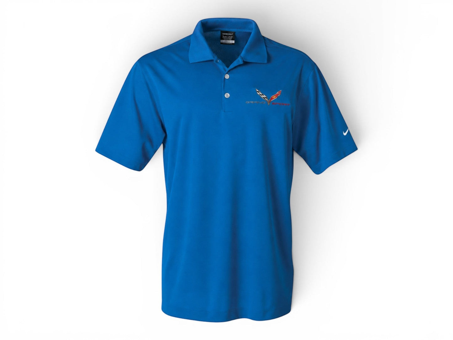 T-Top Vibes blue Nike Dri-FIT polo shirt featuring embroidered C7 Corvette Grand Sport logo and Nike Swoosh