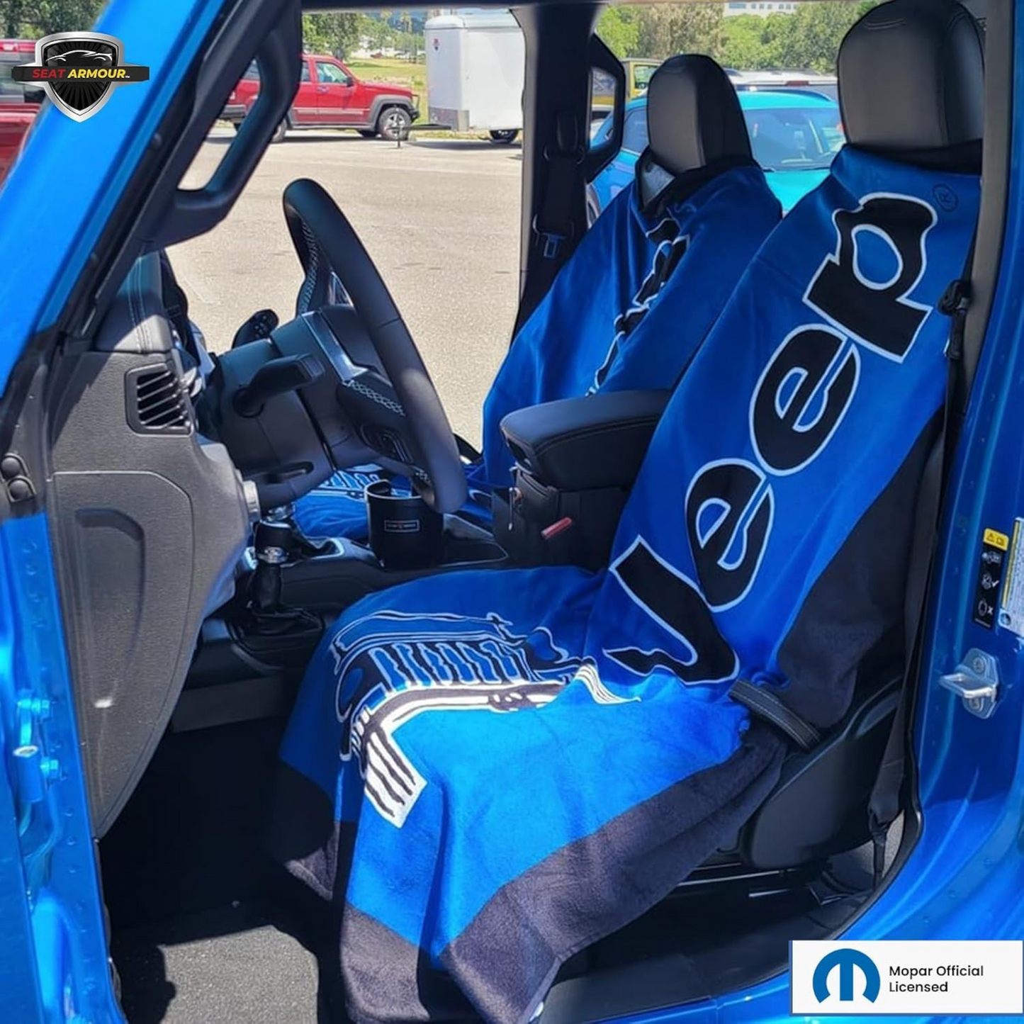 T-Top Vibes blue Jeep cotton terry velour seat cover towel draped over a car seat with Jeep branding