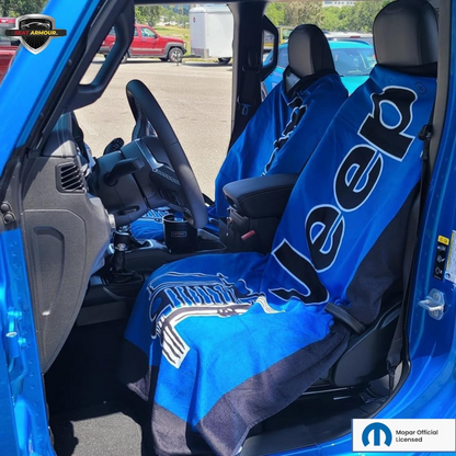 T-Top Vibes blue Jeep cotton terry velour seat cover towel draped over a car seat with Jeep branding
