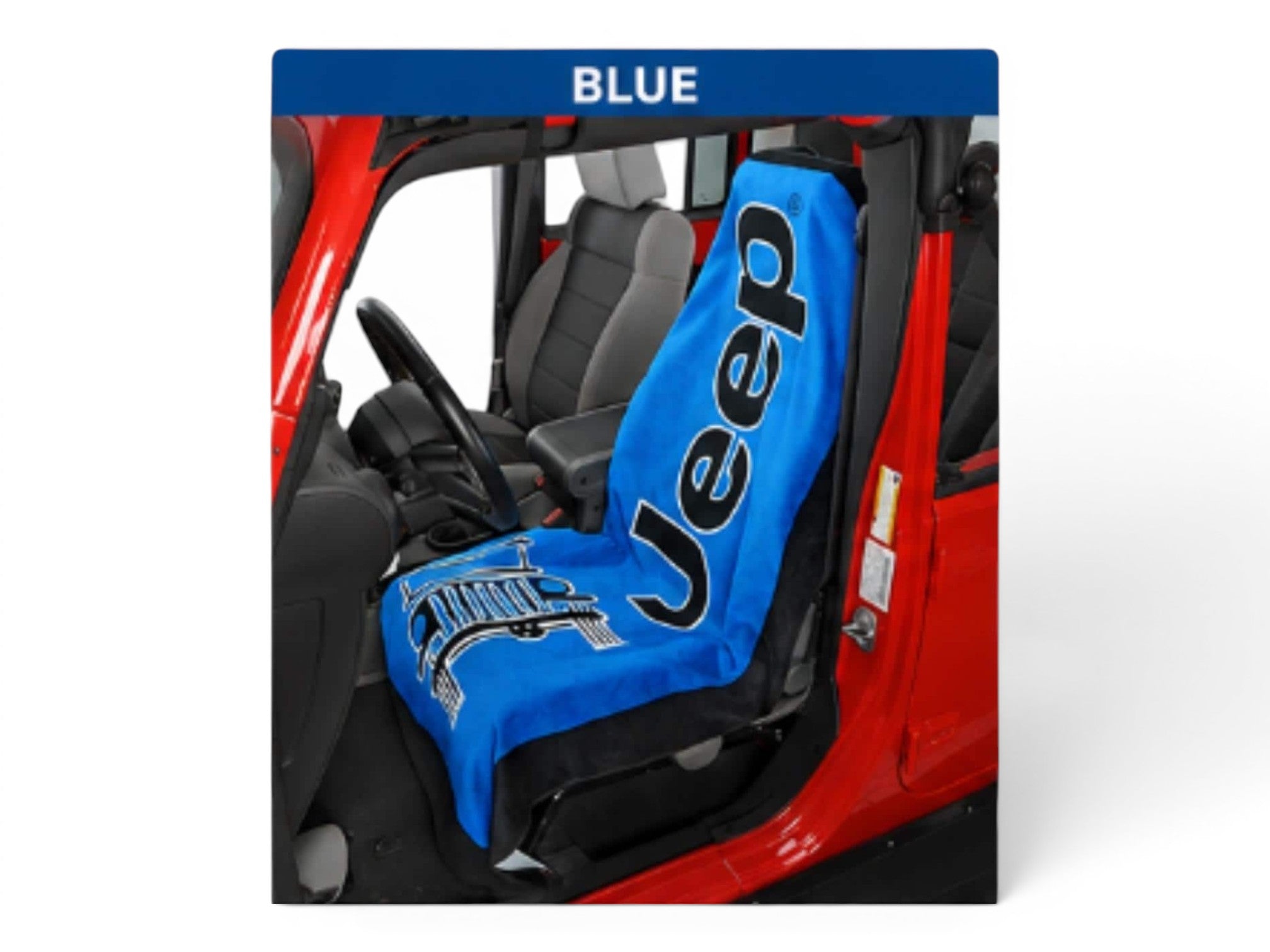 T-Top Vibes blue Jeep cotton terry velour car seat cover towel installed on a vehicle seat
