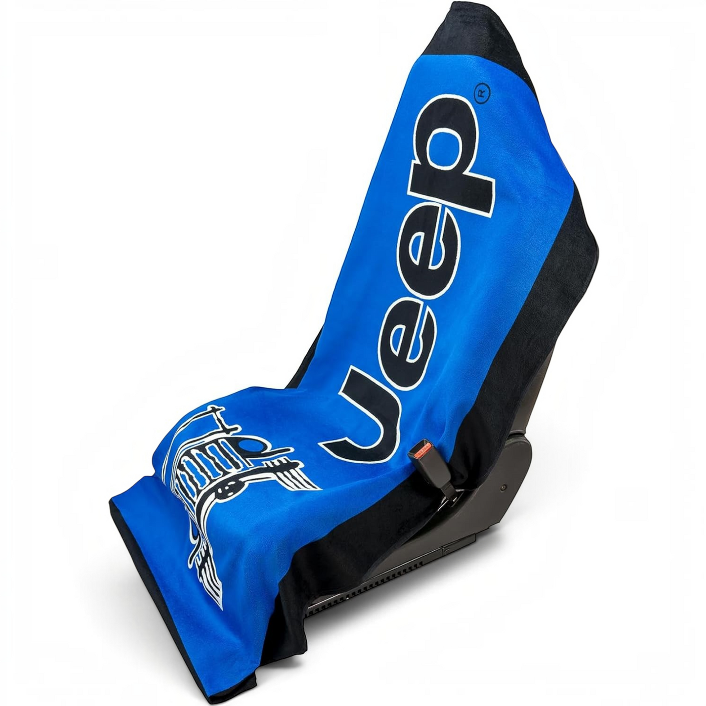 T-Top Vibes blue Jeep cotton terry velour car seat cover towel with Jeep logo and grille graphic