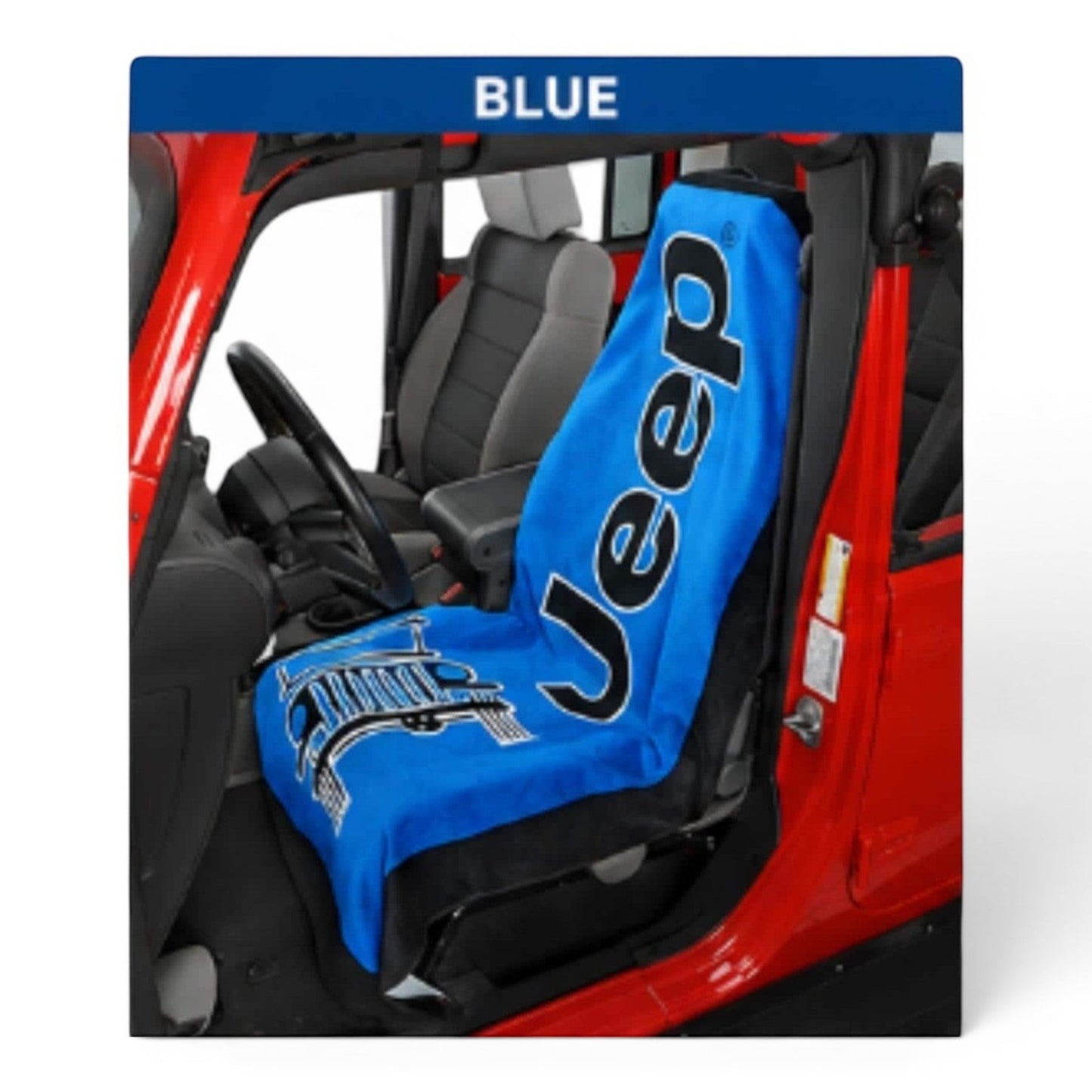 T-Top Vibes blue Jeep cotton terry velour car seat cover towel with logo, protecting a vehicle seat.