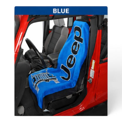 T-Top Vibes blue Jeep cotton terry velour car seat cover towel with logo, protecting a vehicle seat.