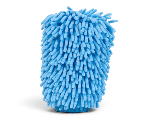 T-Top Vibes blue chenille microfiber car wash mitt with deep absorbent strands for gentle vehicle cleaning
