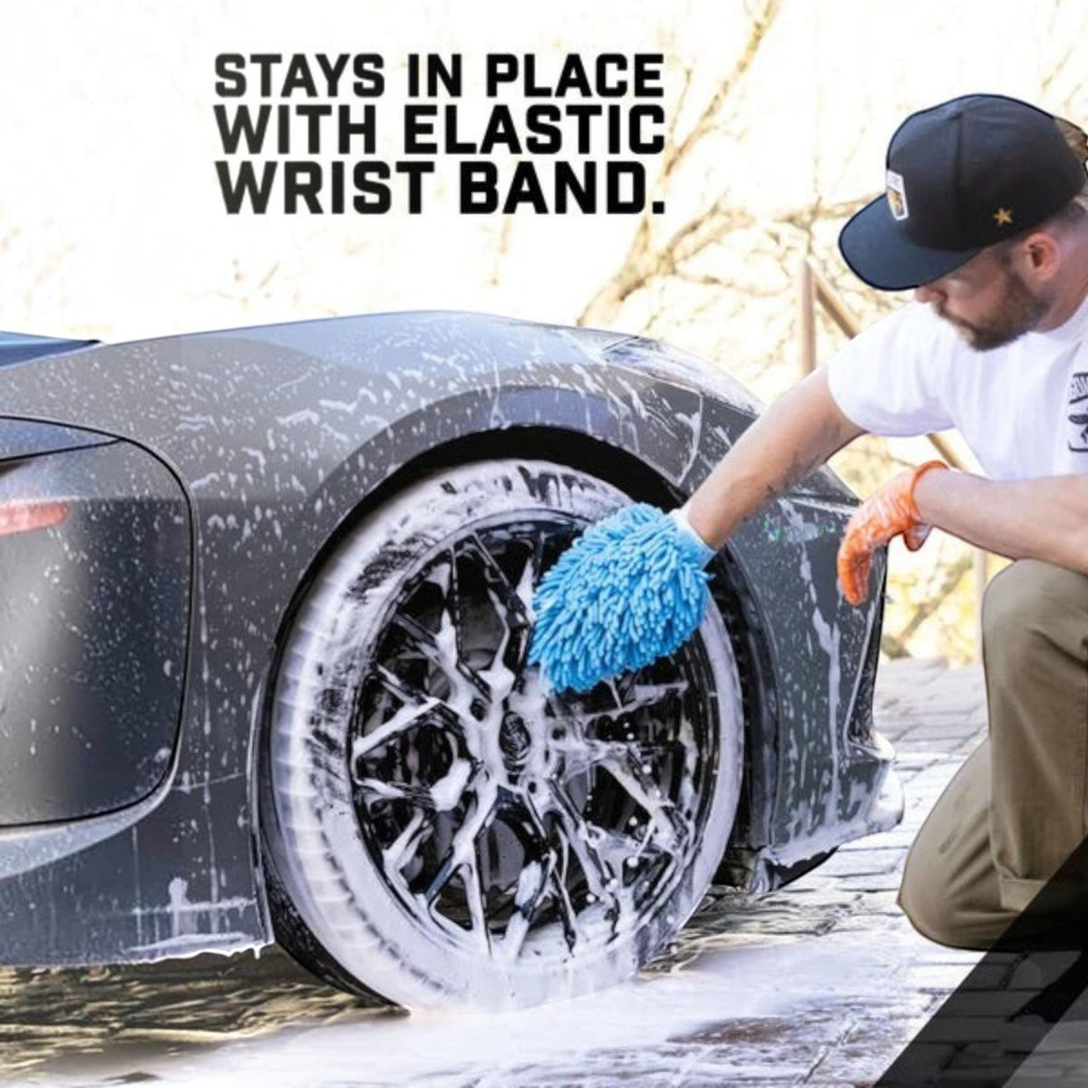 T-Top Vibes AllGuard VLUX blue chenille microfiber car wash mitt cleaning a soapy vehicle wheel with elastic cuff