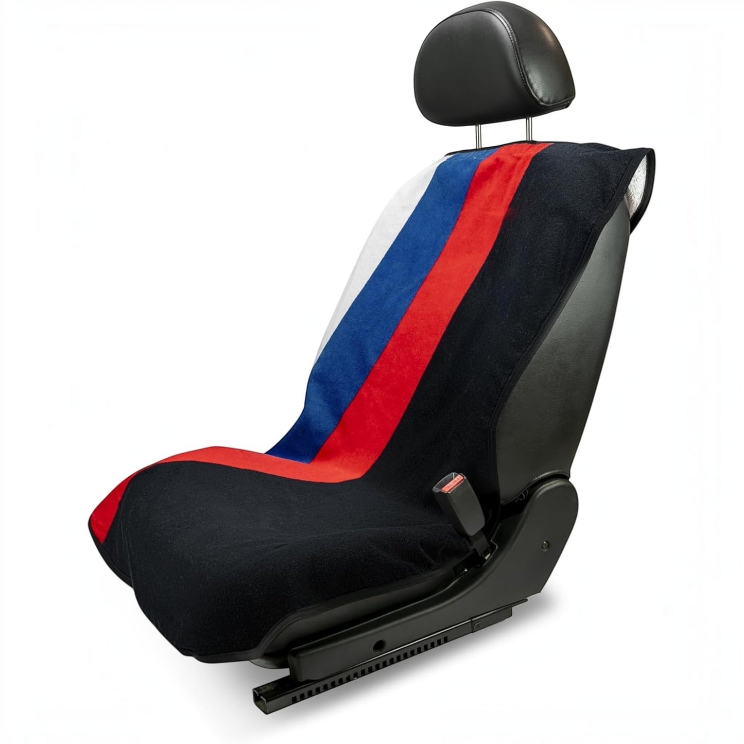 T-Top Vibes BMW car seat towel in black, white, blue, and red cotton draped over a black vehicle seat