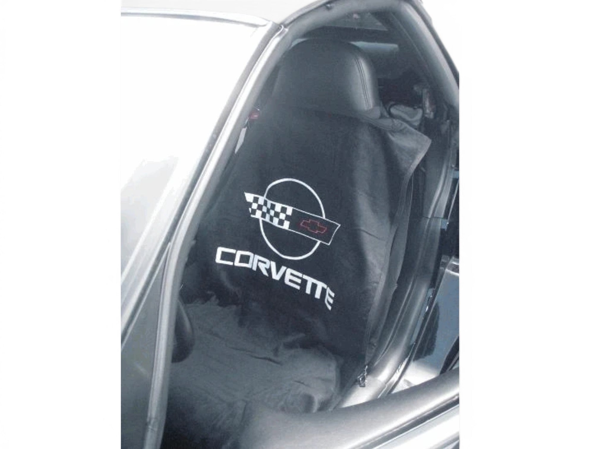T-Top Vibes black cotton terry velour C4 Corvette seat cover towel with embroidered logo installed on a car seat