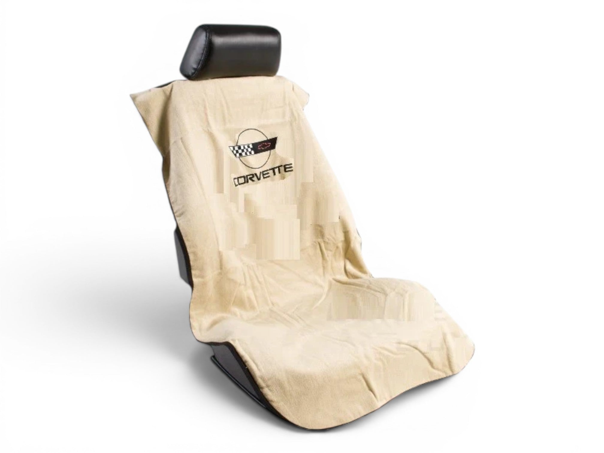 T-Top Vibes C4 Corvette seat cover towel in beige cotton terry velour with embroidered emblem on a car seat