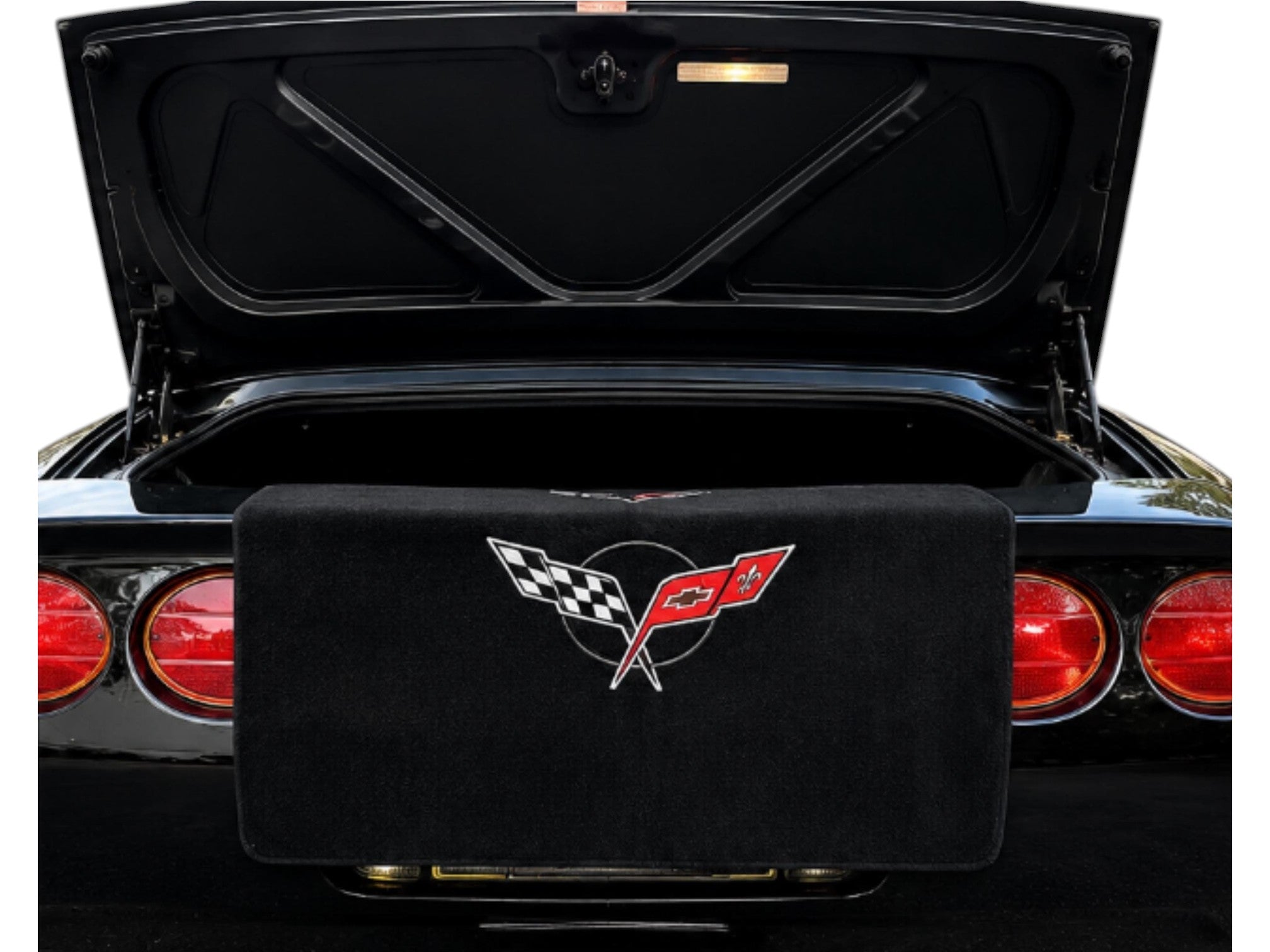 T-Top Vibes black cotton terry velour C5 Corvette trunk towel with embroidered crossed flags logo on rear bumper