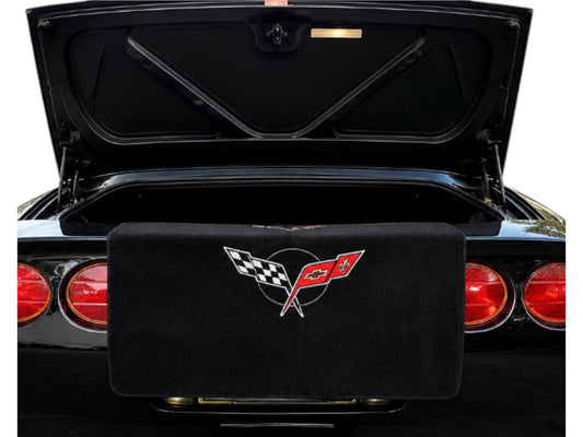 T-Top Vibes black cotton terry velour C5 Corvette trunk towel with embroidered crossed flags logo on rear bumper