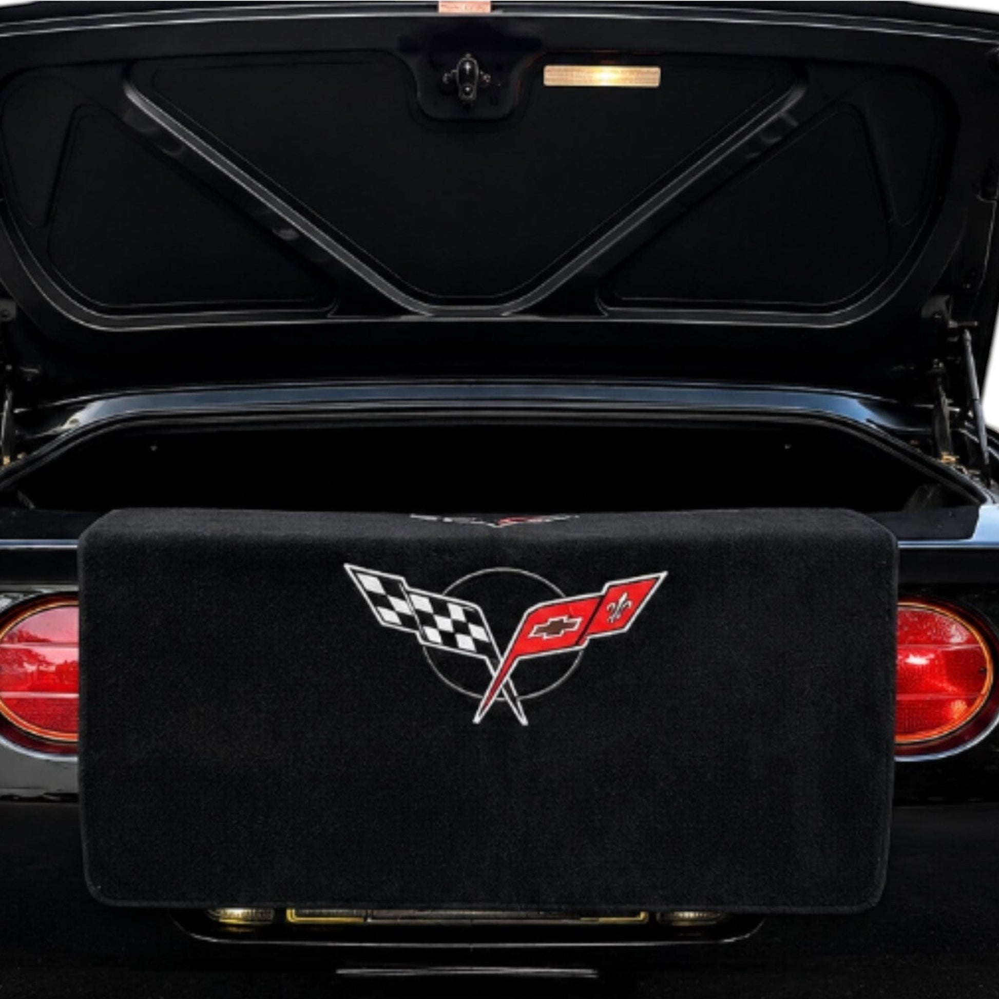 T-Top Vibes black cotton terry velour C5 Corvette trunk towel with embroidered crossed flags logo on rear bumper