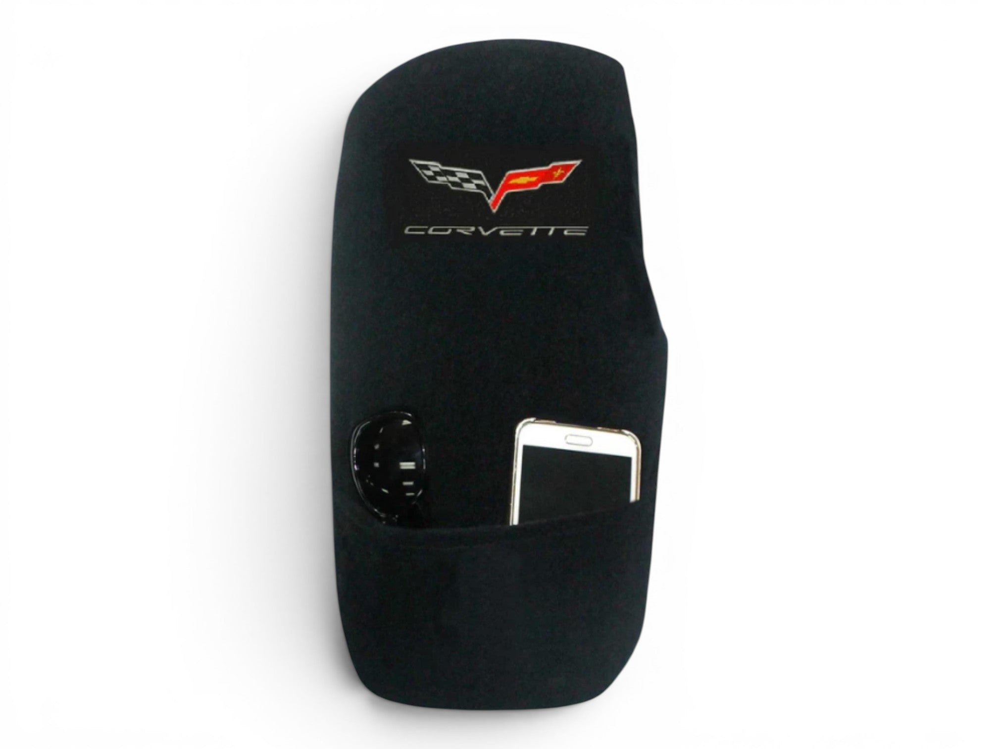 T-Top Vibes black cotton terry velour C6 Corvette console cover with storage pocket and embroidered logo
