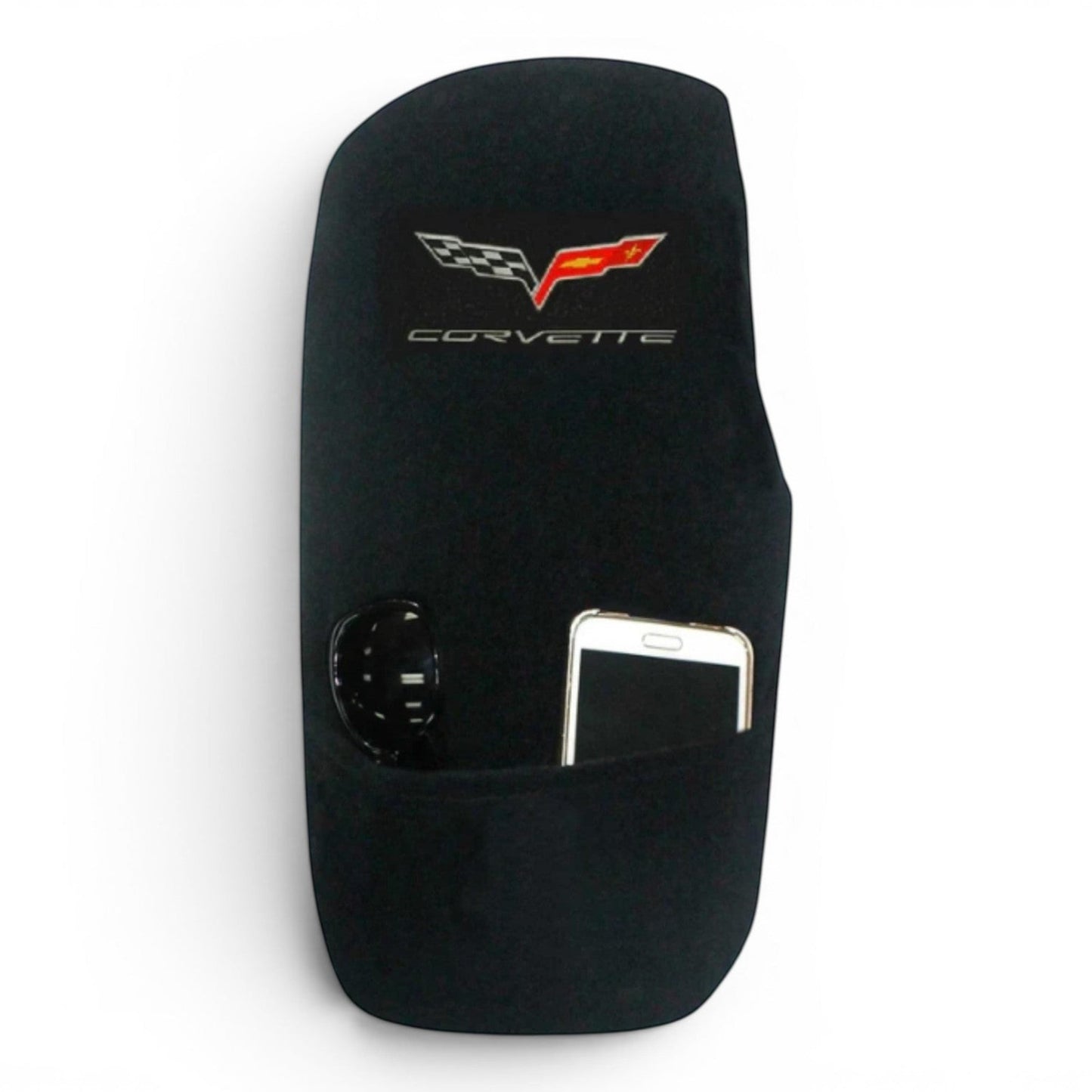 T-Top Vibes black cotton terry velour C6 Corvette console cover with storage pocket and embroidered logo
