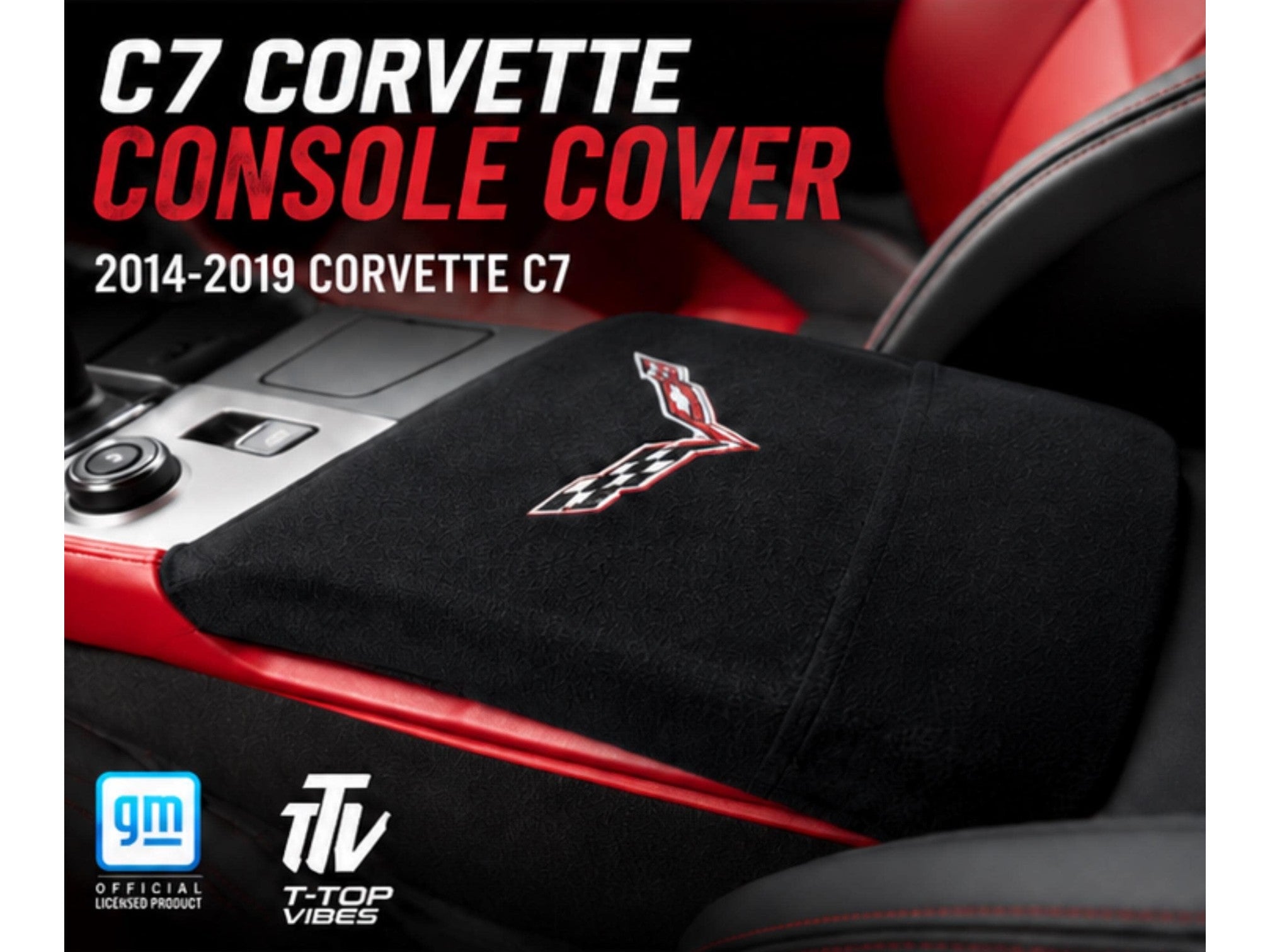 T-Top Vibes black cotton terry velour C7 Corvette console cover with storage pocket and embroidered logo