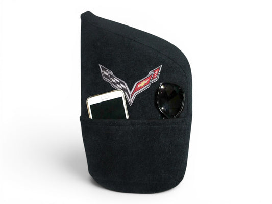 T-Top Vibes black cotton terry velour C7 Corvette console cover with storage pocket and embroidered logo