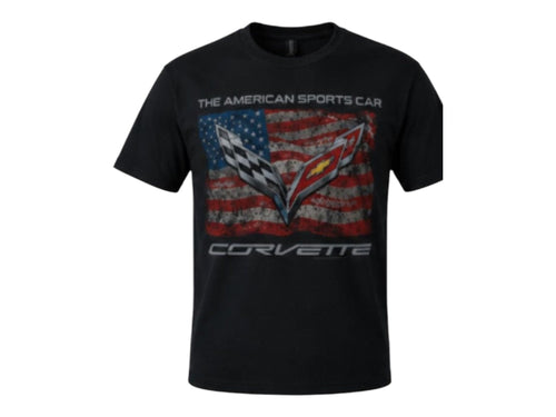 T-Top Vibes black cotton t-shirt featuring a distressed American flag and C7 Corvette emblem graphic