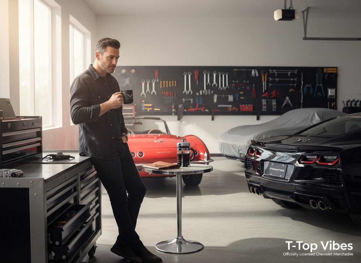 T-Top Vibes matte black ceramic C7 Corvette mug held by a man in a garage with classic and modern sports cars.