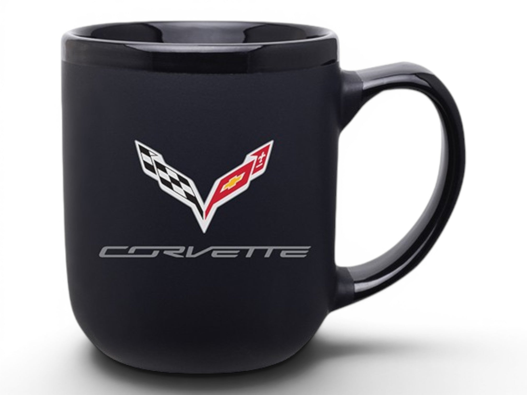 T-Top Vibes 16 oz matte black ceramic coffee mug featuring the full-color C7 Corvette logo and glossy interior.