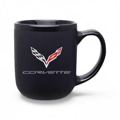 T-Top Vibes 16 oz matte black ceramic coffee mug featuring the full-color C7 Corvette logo and glossy interior.