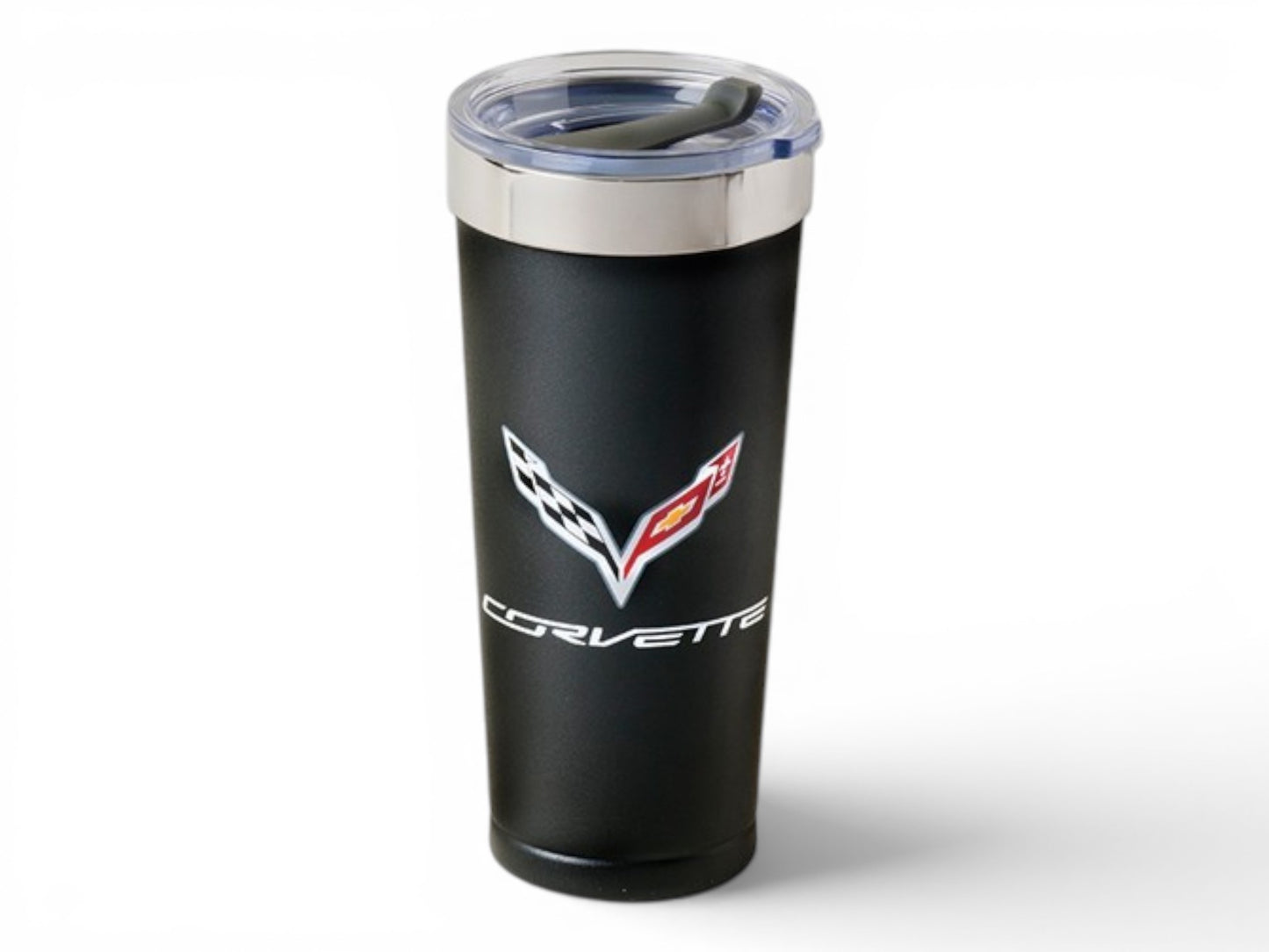 T-Top Vibes 20 oz black stainless steel C7 Corvette tumbler with crossed flags logo and clear swivel lid.