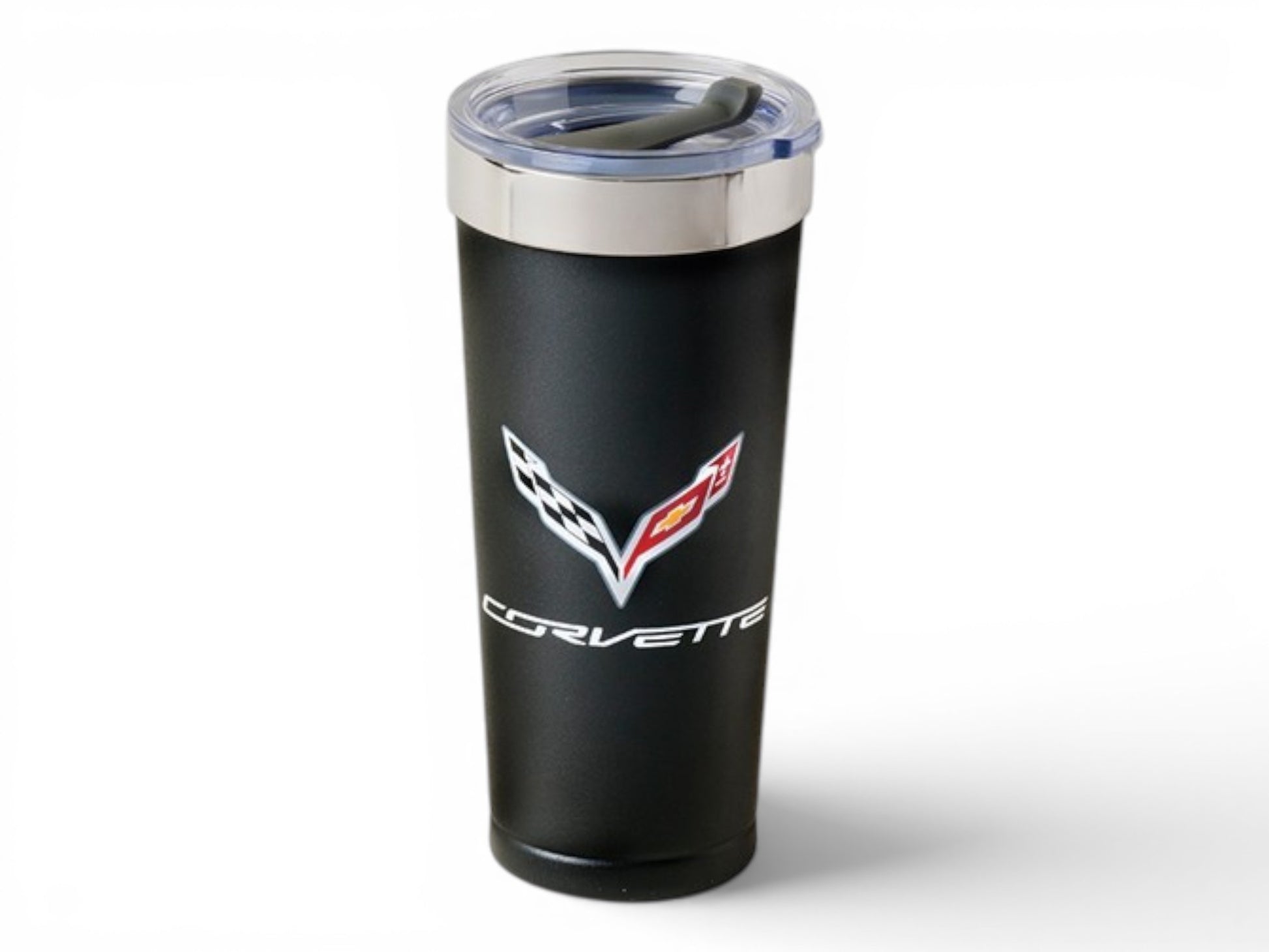 T-Top Vibes 20 oz black stainless steel C7 Corvette tumbler with crossed flags logo and clear swivel lid.