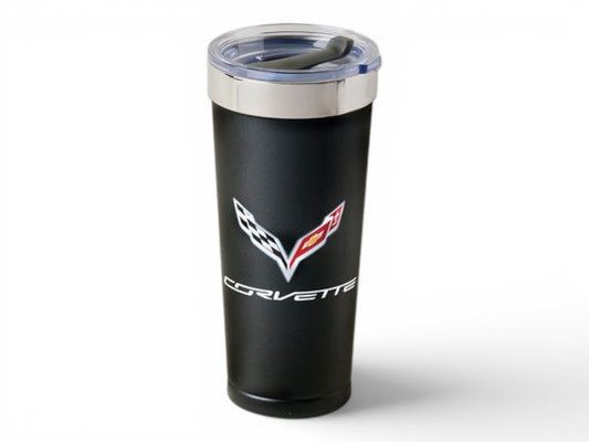 T-Top Vibes 20 oz black stainless steel C7 Corvette tumbler with crossed flags logo and clear swivel lid.