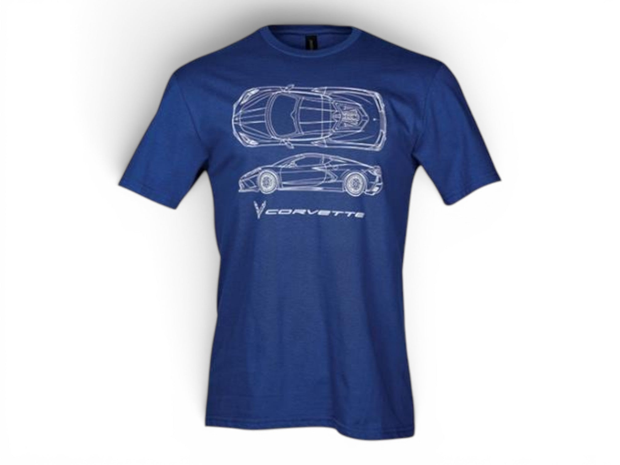 T-Top Vibes heather royal blue C8 Corvette blueprint graphic t-shirt made from soft ring spun cotton.