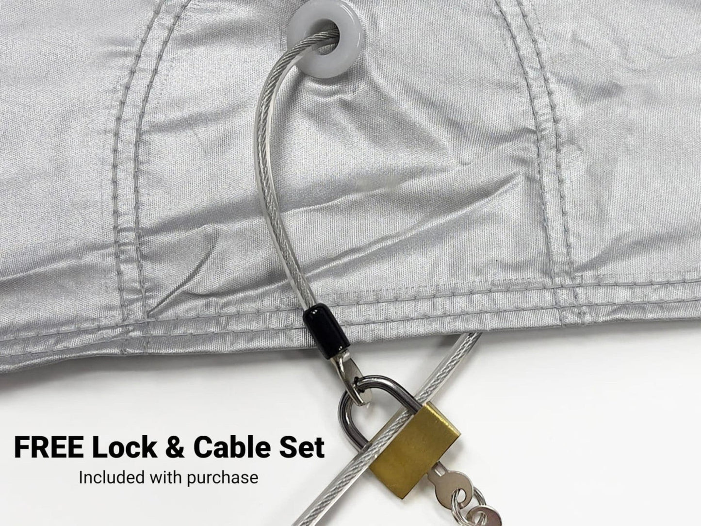 T-Top Vibes C8 Corvette car cover featuring a silver reflective exterior, reinforced grommet, and security lock cable.