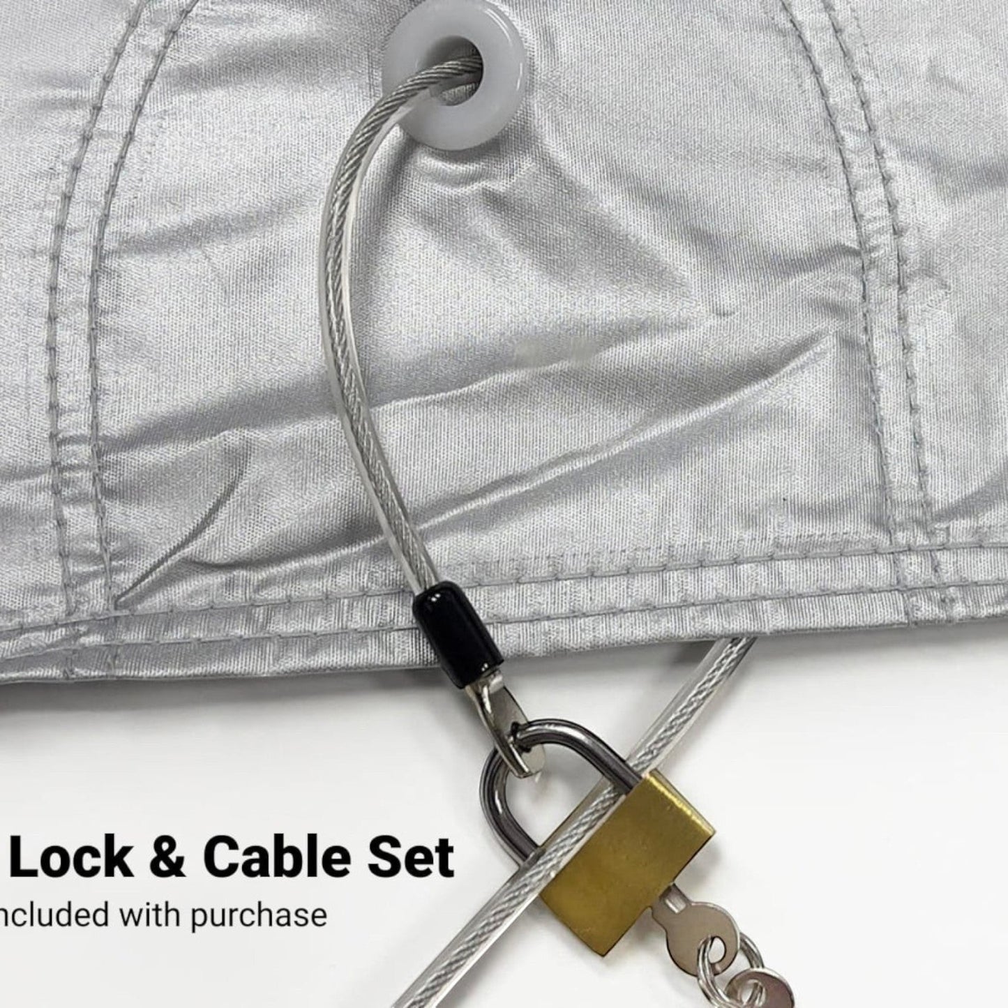T-Top Vibes C8 Corvette car cover featuring a silver reflective exterior, reinforced grommet, and security lock cable.