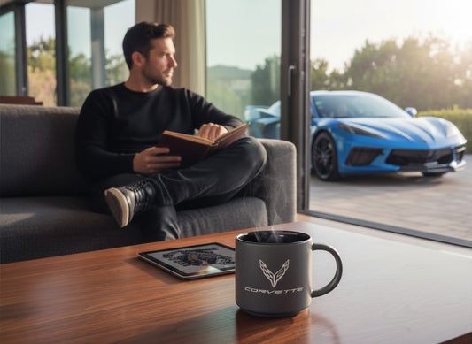 T-Top Vibes C8 Corvette ceramic coffee mug with gray exterior and black interior, featuring the crossed-flags logo.