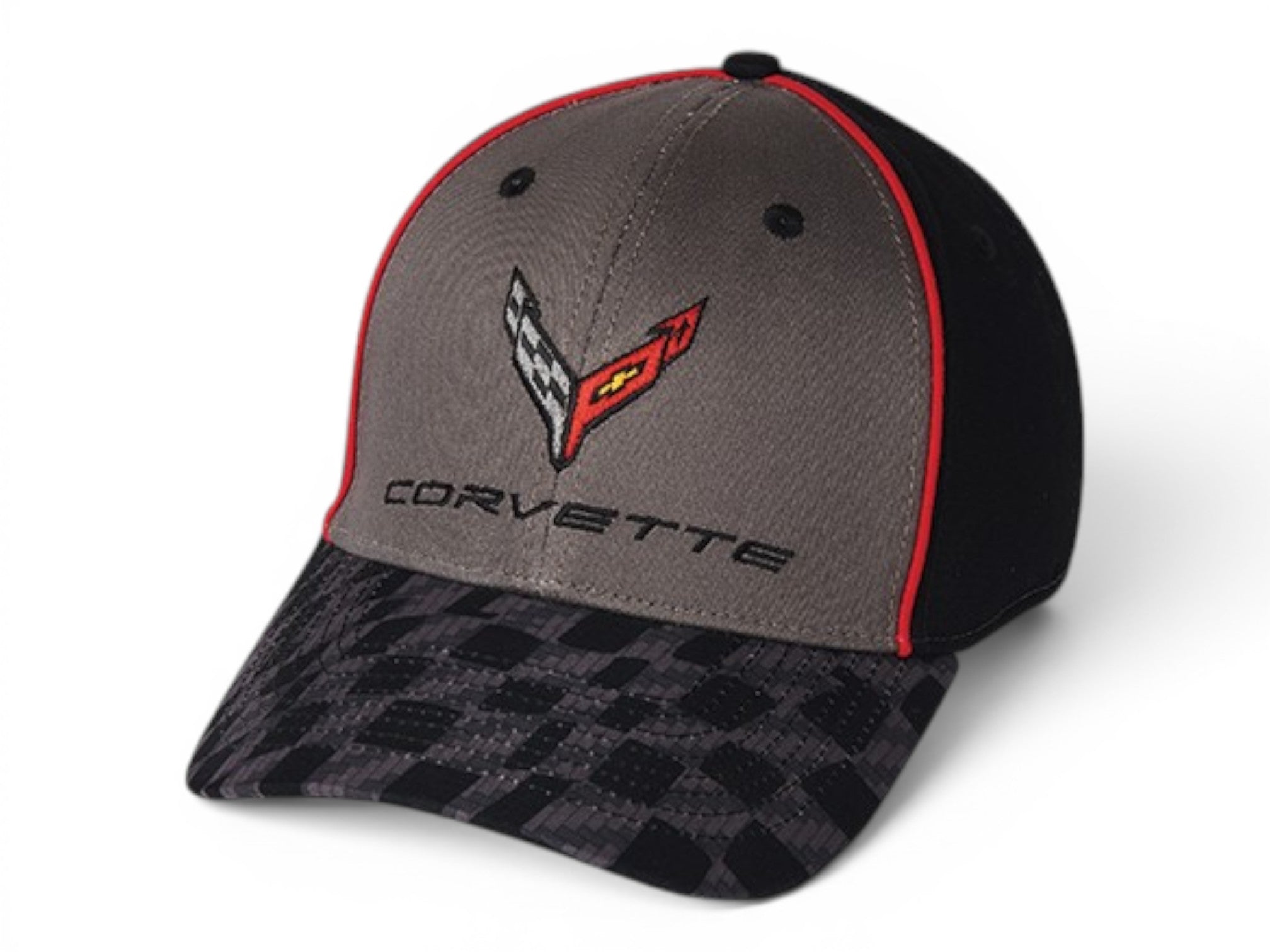 T-Top Vibes C8 Corvette cap in black and grey with a checkered bill, red piping, and embroidered crossed-flags emblem.