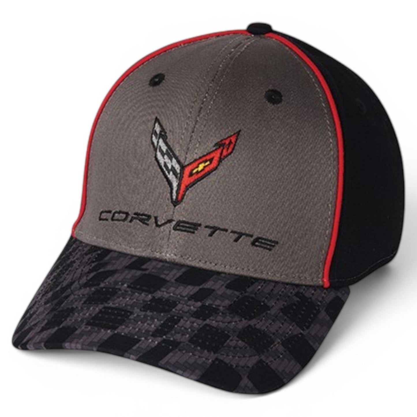 T-Top Vibes C8 Corvette cap in black and grey with a checkered bill, red piping, and embroidered crossed-flags emblem.