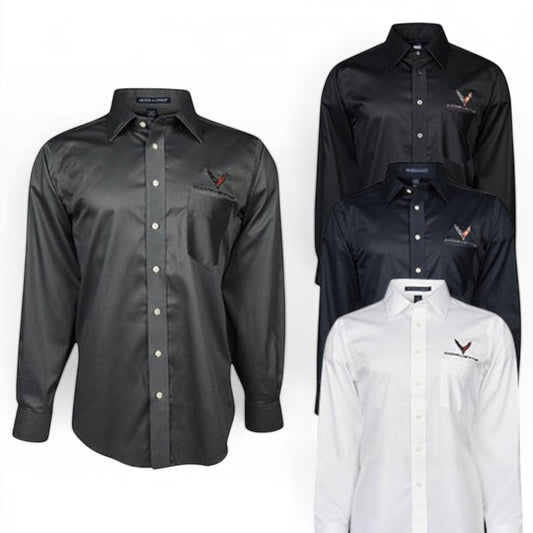 T-Top Vibes men's C8 Corvette cotton twill dress shirts in black, navy, and white with embroidered chest emblems.