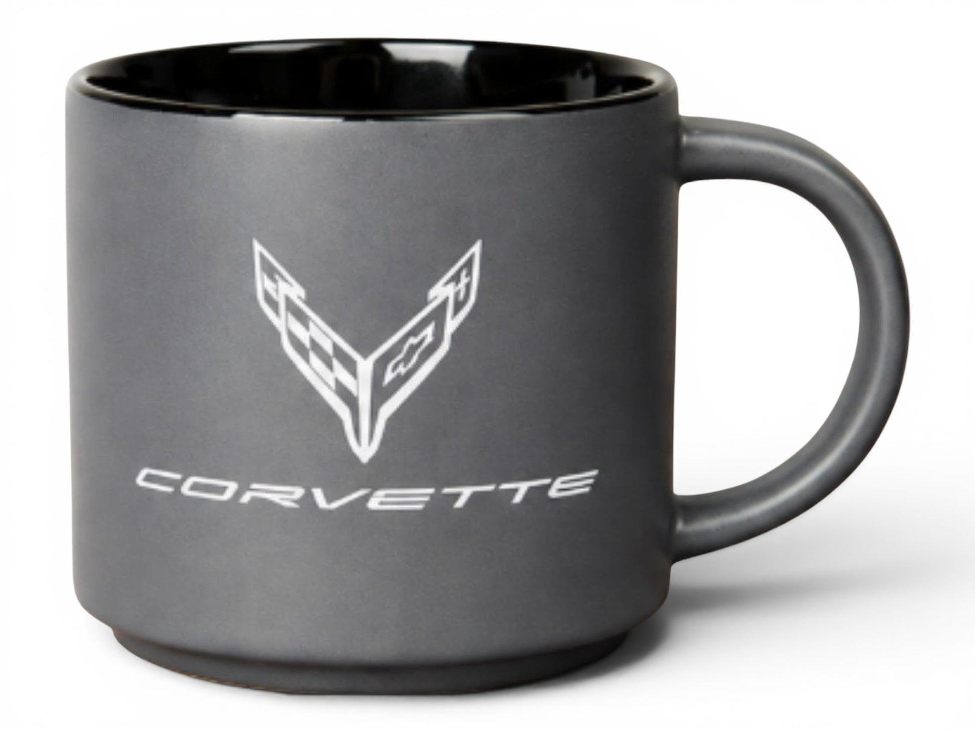 T-Top Vibes C8 Corvette ceramic coffee mug in gray with a black interior and crossed-flags logo.