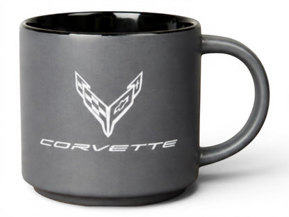 T-Top Vibes C8 Corvette ceramic coffee mug in gray with a black interior and crossed-flags logo.