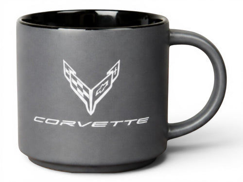 T-Top Vibes C8 Corvette ceramic coffee mug in gray with a black interior and crossed-flags logo.