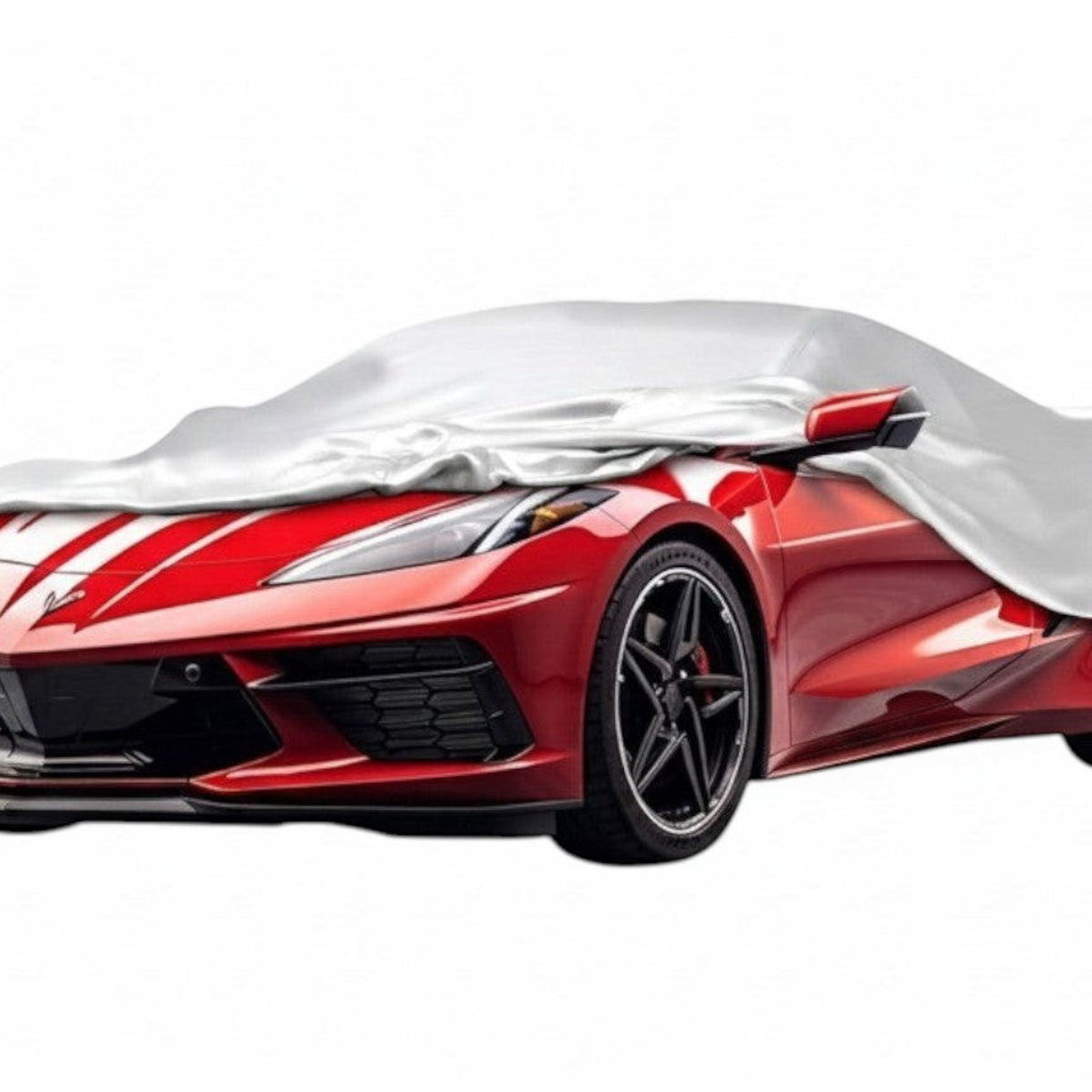 T-Top Vibes Platinum Shield outdoor car cover fitted on a red C8 Corvette, featuring a reflective silver finish.