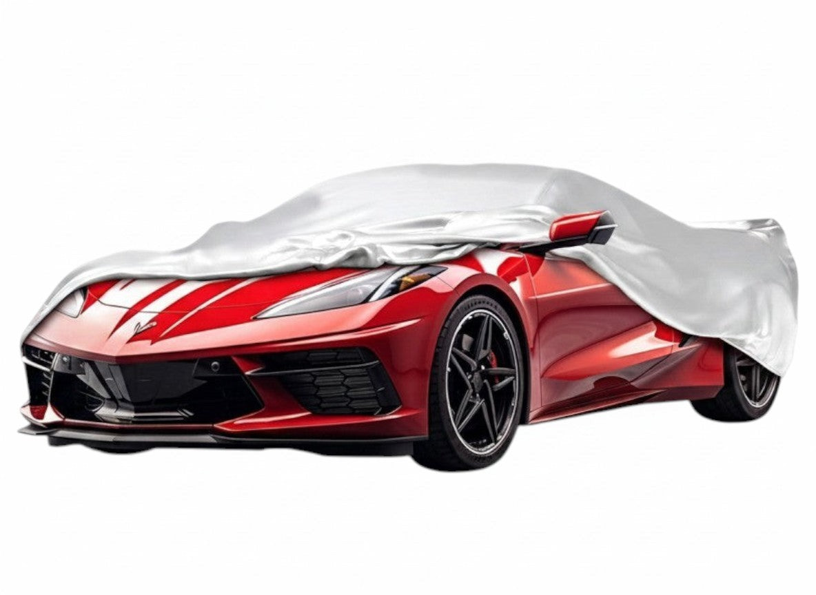 T-Top Vibes Platinum Shield outdoor car cover fitted on a red C8 Corvette, featuring a reflective silver finish.
