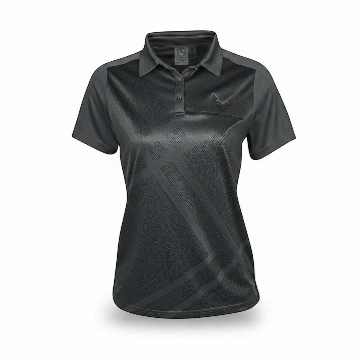 T-Top Vibes women's black C8 Corvette performance polo with moisture-wicking fabric and three-button placket