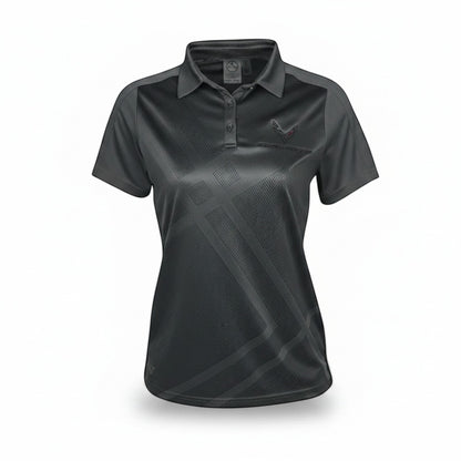 T-Top Vibes women's black C8 Corvette performance polo with moisture-wicking fabric and three-button placket