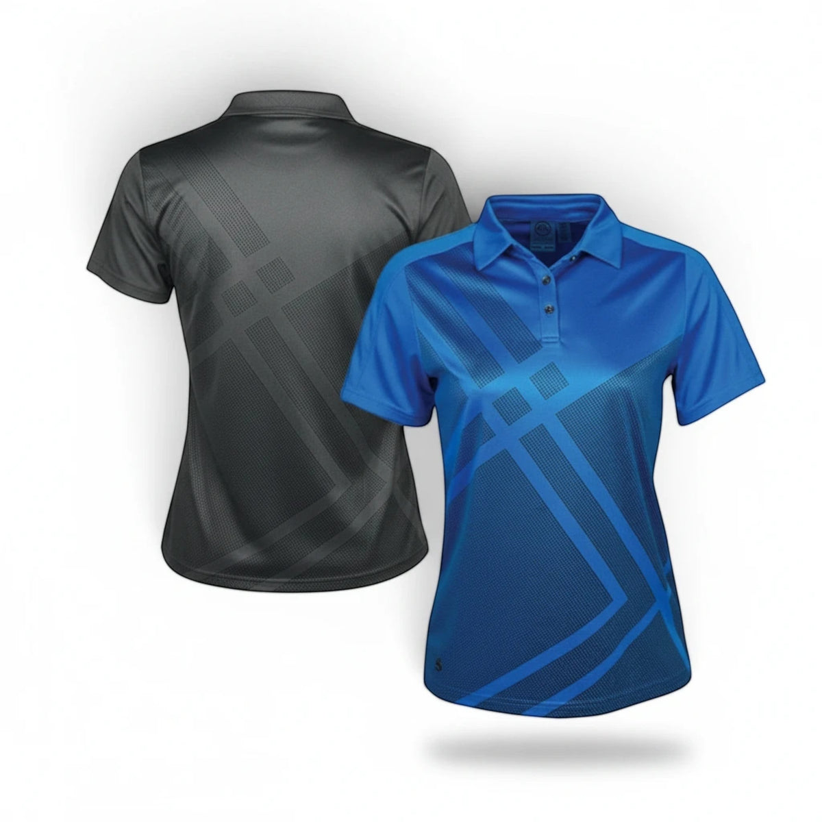 T-Top Vibes women's C8 Corvette performance polo shirts in blue and black with moisture-wicking H2X-DRY fabric.
