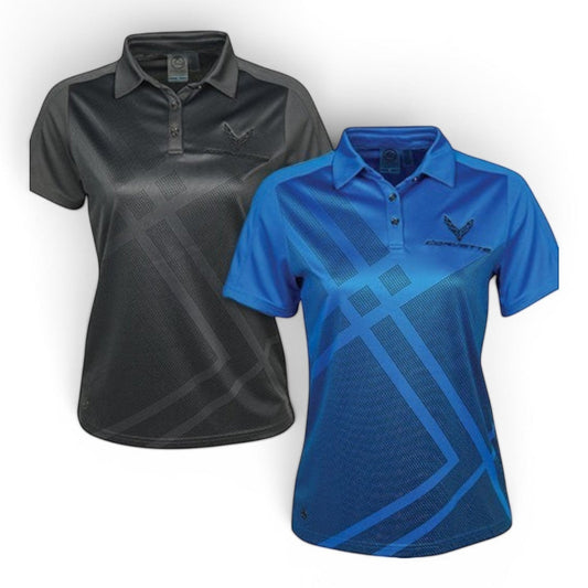 T-Top Vibes women's C8 Corvette performance polo shirts in black and blue with moisture-wicking fabric and logo detail