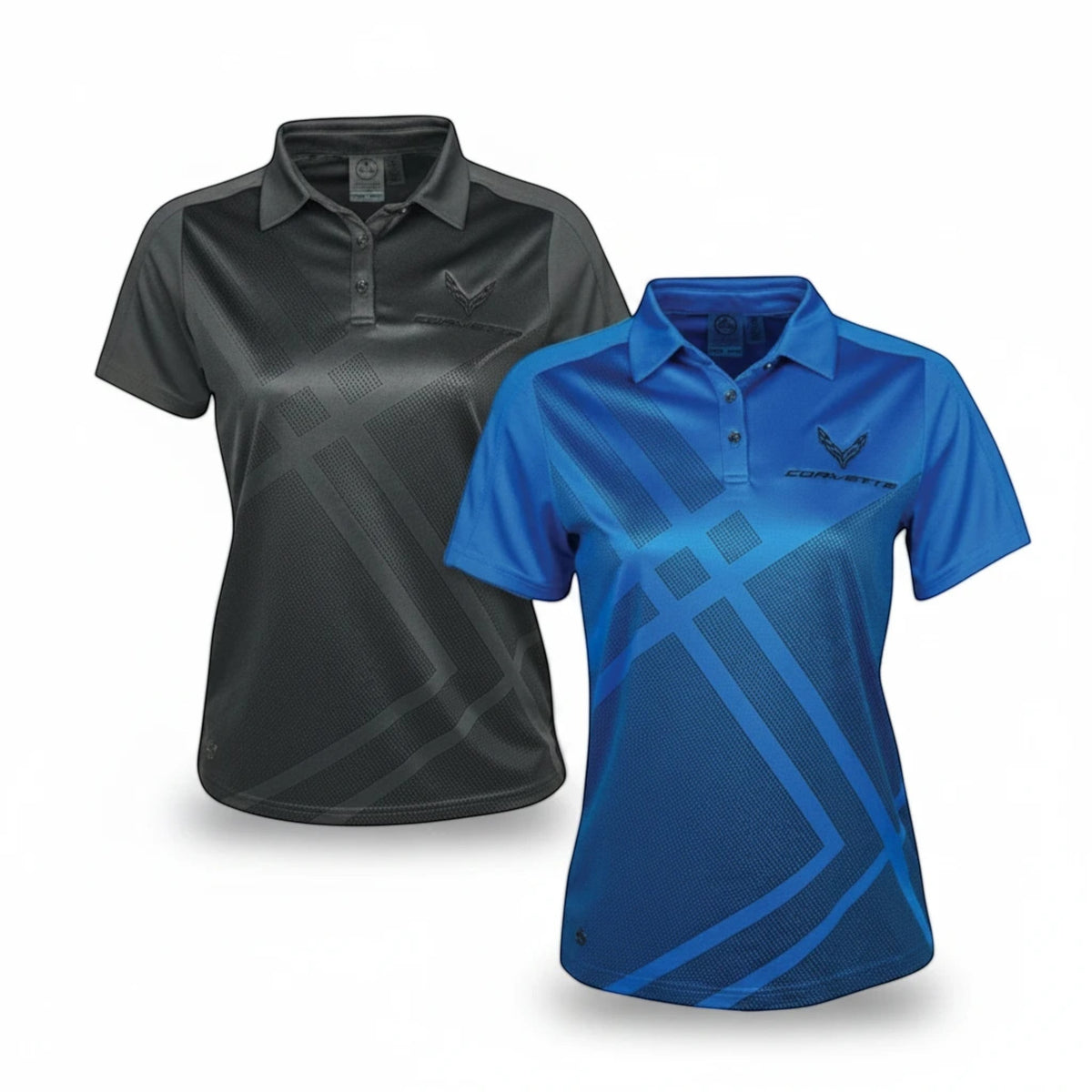T-Top Vibes women's C8 Corvette performance polo shirts in black and blue with moisture-wicking fabric and logo.