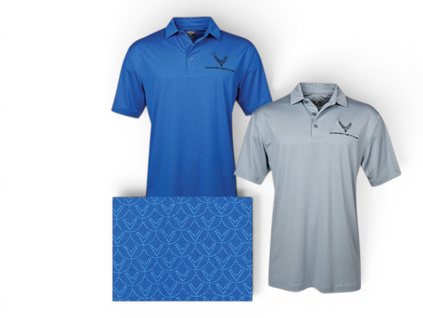 T-Top Vibes C8 Corvette Callaway performance polos in blue and grey with moisture-wicking fabric and logo embroidery.