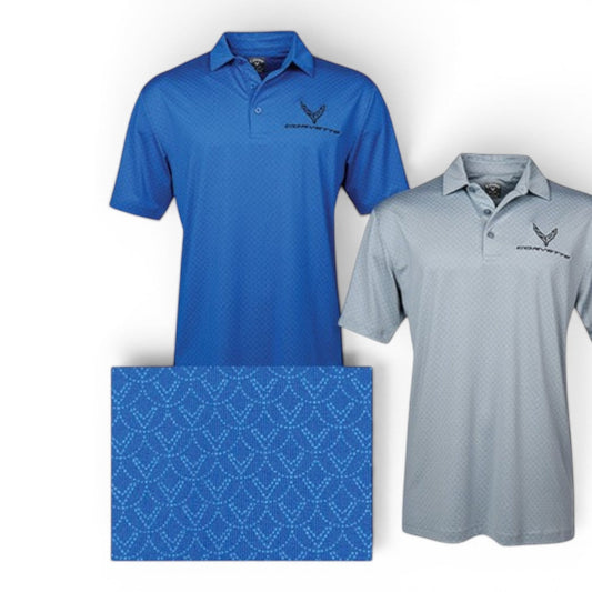 T-Top Vibes C8 Corvette Callaway performance polos in blue and grey with moisture-wicking fabric and logo embroidery.