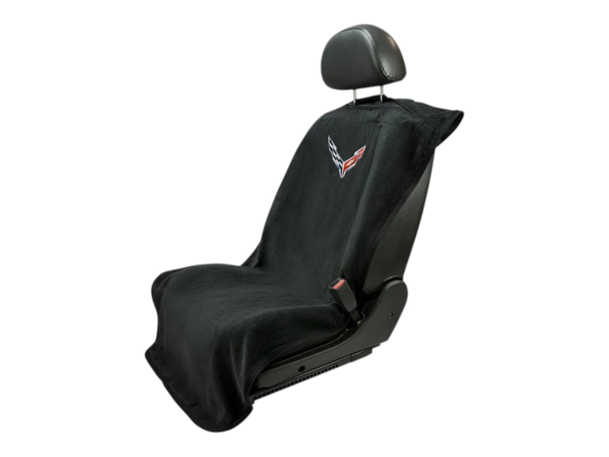 T-Top Vibes black cotton Seat Armour towel with C8 Corvette crossed flags logo draped over a car bucket seat
